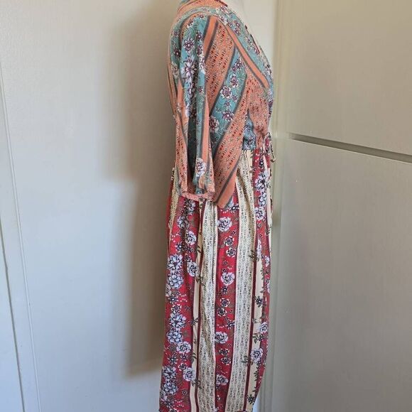 ANGIE Boho Tie Front Duster, Floral Soft Colors of  Teal, Peach and Ivory, Sz.L - Picture 3 of 6